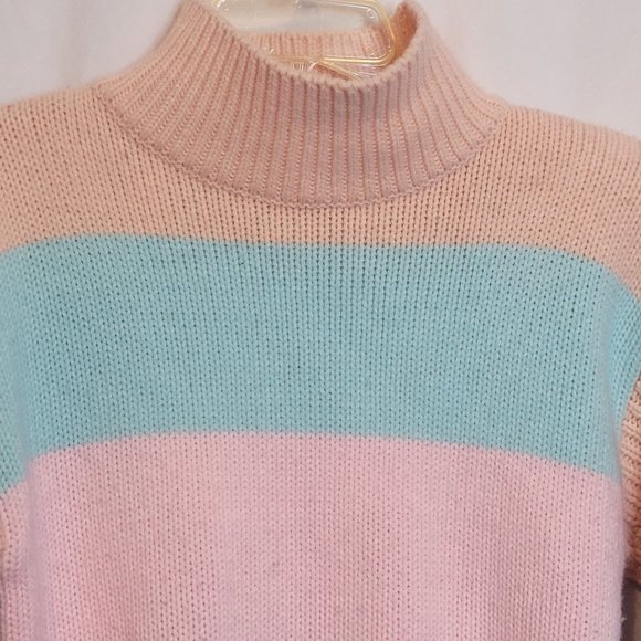 Vintage Pastel Stripe Sweater 80s Retro Shoulder Pads Size Small WORDS - Picture 3 of 8